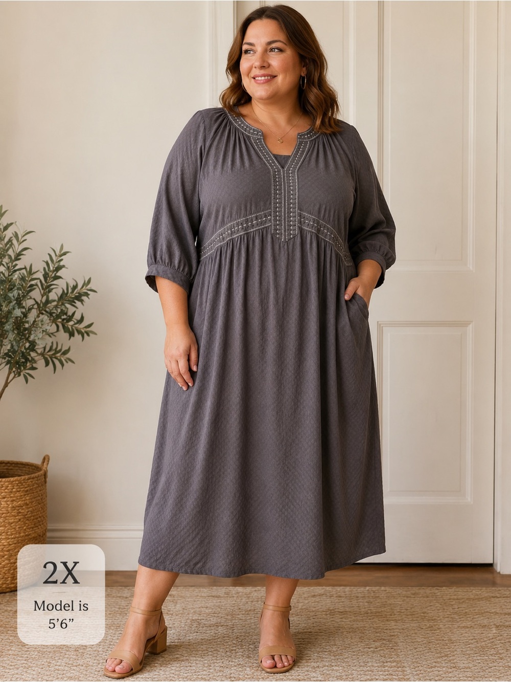 Everyday Embroidered V-Neck Midi Dress — Charcoal Gray
